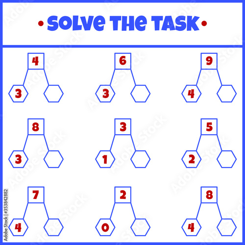 Solve the task. Mathematical puzzle game. Worksheet. Learning mathematics. Tasks for addition for preschool children.
