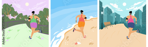 Solo outdoor activities concept. Collection of Yong woman is running alone in the city, park and on the beach. Flat style vector illustration