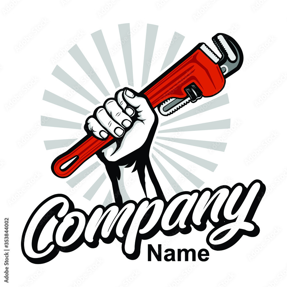 Plumbing logo with hand holding wrench vector inspiration, Design