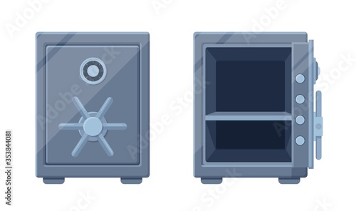 Modern safe template open and closed. Powerful steel safe box with double secret protection system safe storage valuables money protection vector deposits cash trustworthy cartoon banking investments
