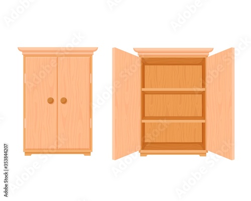 Wardrobe wooden template open and closed. Modern wooden stylish cupboard stylish design with two shelves storing vector cartoon things inside open and closed state. © Богдан Скрипник
