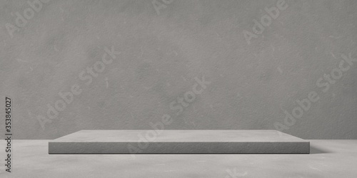 Espositore vuoto in cemento grigio su fondo in cemento, podio o piedistallo per esposizione prodotti, base con sfondo vuoto, Rendering 3D, visione frontale photo