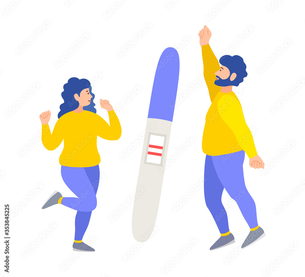 Fototapeta premium Young couple man and woman happy about a positive pregnancy test. Vector flat style illustration on fertility, parenthood. People jump and enjoy pregnancy news.