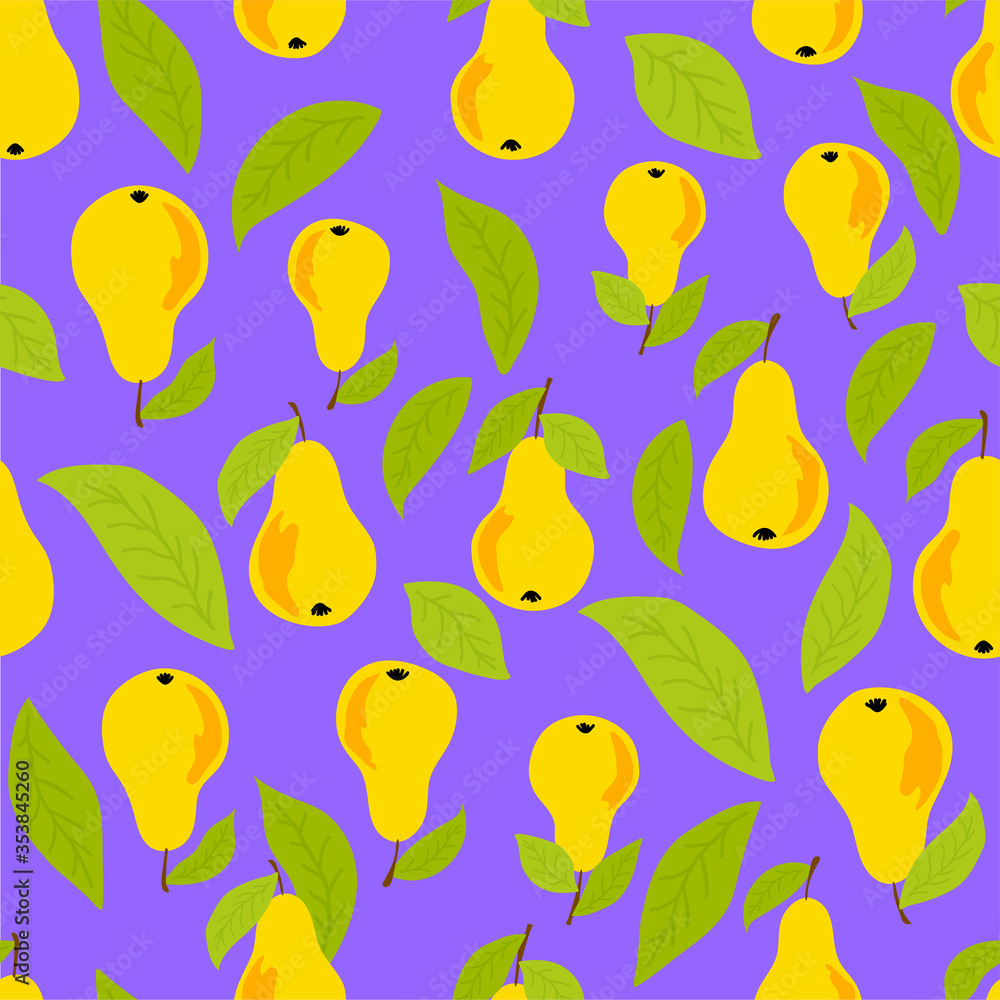 Trendy seamless pattern with yellow pears for decorative design. Abstract pears for cover design. Vector illustration. Tropical nature seamless pattern. Cute tropical background. Trendy seamless pattern with yellow pears for decorative design. Abstract pears for cover design. Vector illustration. Tropical nature seamless pattern. Cute tropical background.