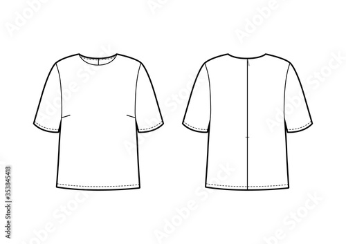 White isolated front and back view on women t-shirt. Blank wear or clear, empty apparel for mockup.