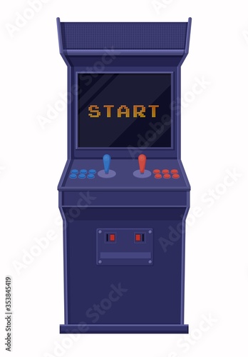Arcade game machine included. Retro blue game console with black screen and inscription start with two joysticks control buttons panel for tokens computer vector nostalgia for oldfags.