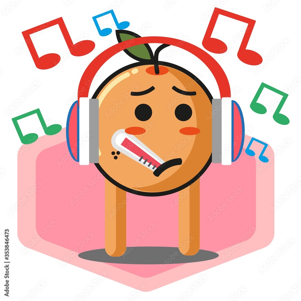 Cute orange fruit cartoon listening to the music no background mascot character vector design