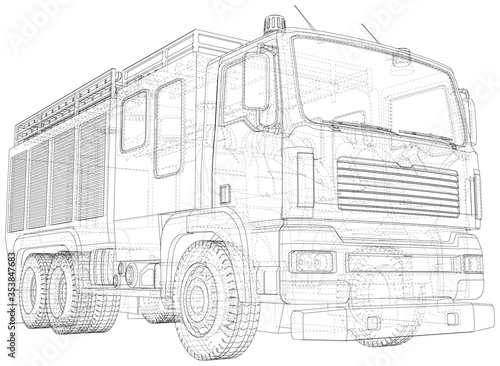 Vector Wire-frame Fire truck. The layers of visible and invisible lines are separated. EPS10 format. Vector created of 3d.