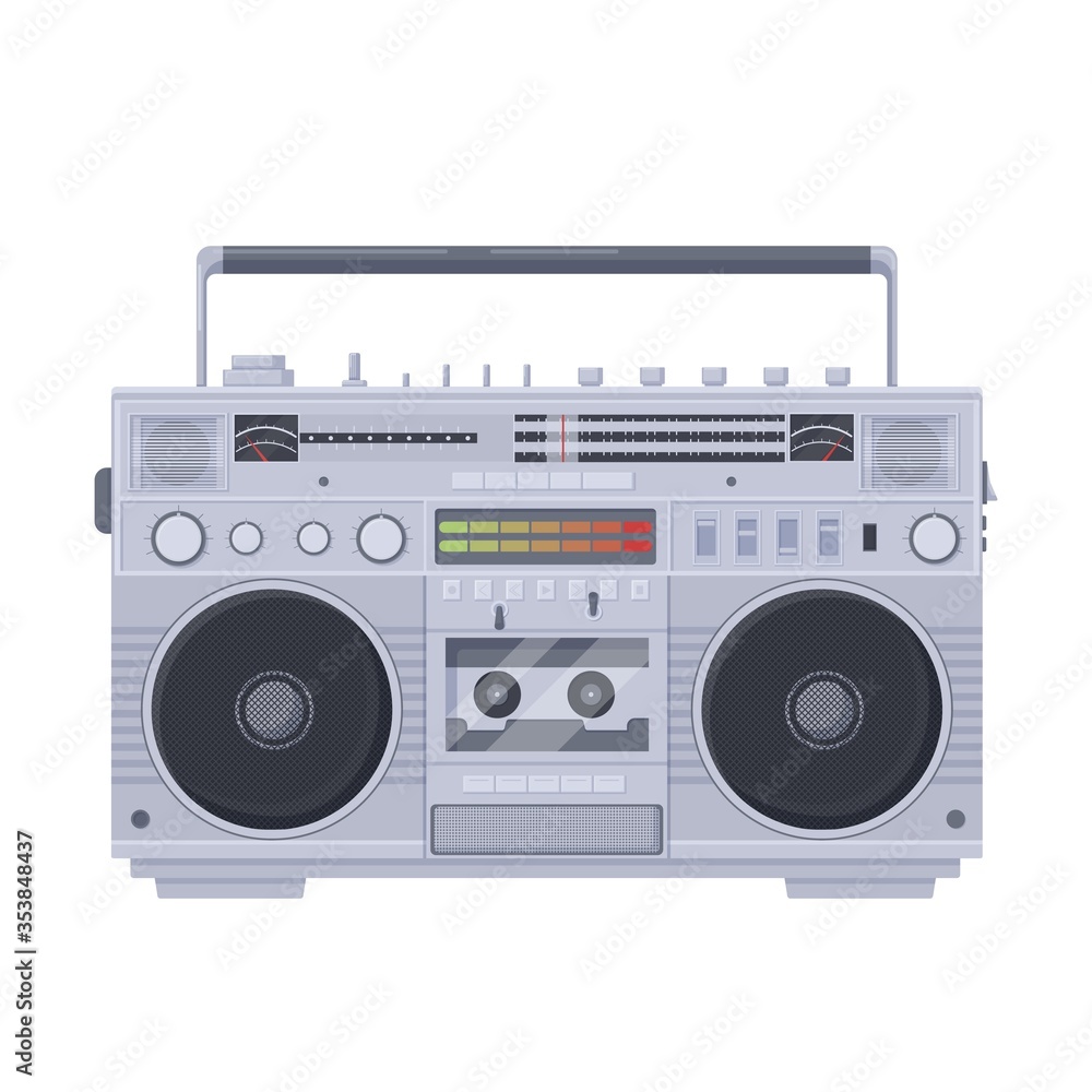 Retro boombox cassette. Old portable single cassette recorder sharpe with color vector equalizer built radio two speakers knob tuning bass sound recording playing music symbol of old school 80s.
