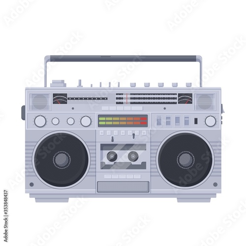 Retro boombox cassette. Old portable single cassette recorder sharpe with color vector equalizer built radio two speakers knob tuning bass sound recording playing music symbol of old school 80s.