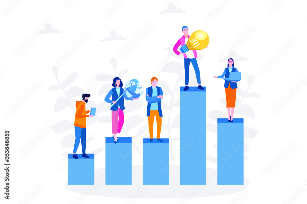 Business people stand on column graphs. Vector illustration for web banner, infographics, mobile. Idea, motivation, competition Business people stand on column graphs. Vector illustration for web banner, infographics, mobile. Idea, motivation, competition