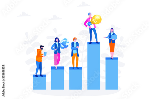 Business people stand on column graphs. Vector illustration for web banner, infographics, mobile. Idea, motivation, competition 