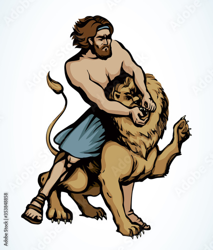 Samson fights a lion. Vector drawing