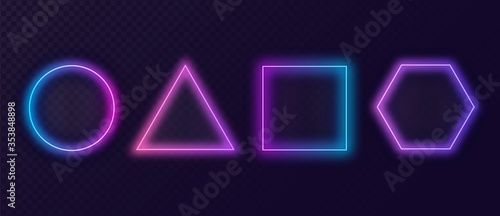 Neon geometric frames. Multicolor modern luminous circle frame red triangle energy square polygon colorful neon electric glow abstract vector fluorescent banner.