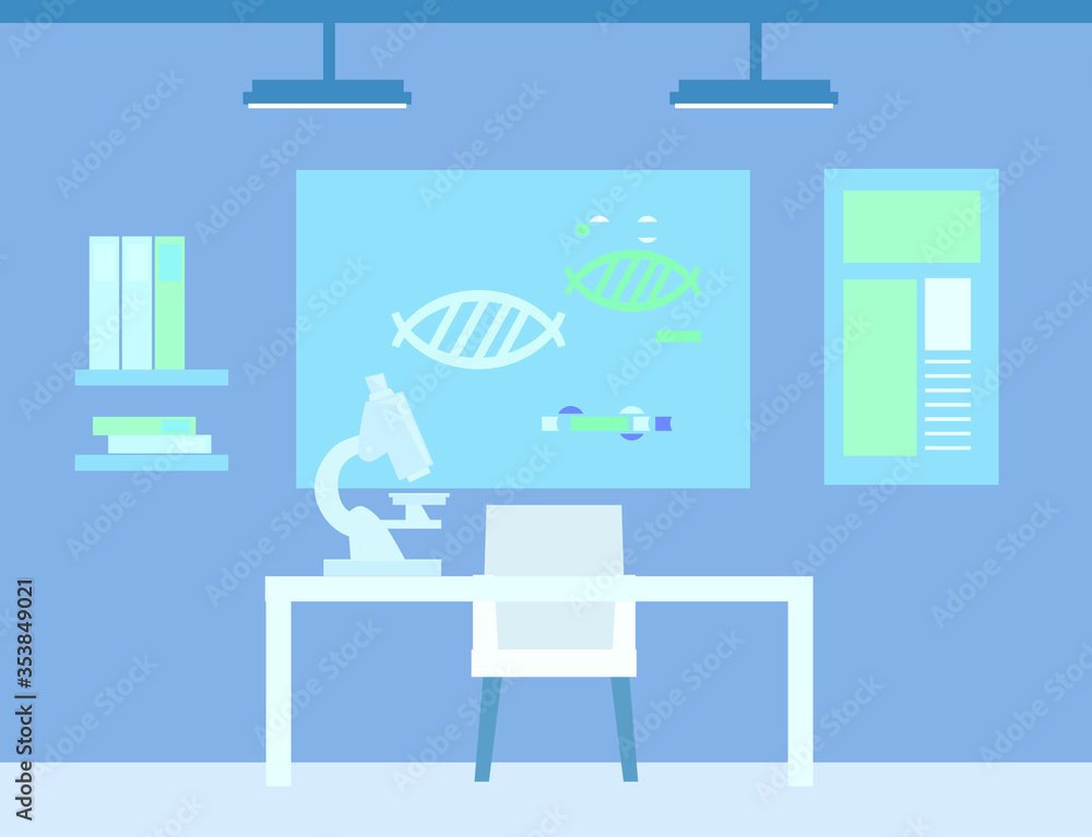 Vector cartoon illustration in flat design with  Science lab interior or laboratory room, biology education concept