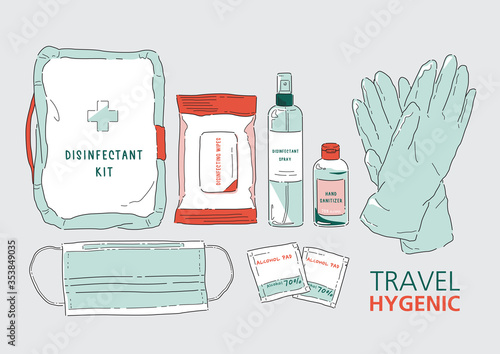 Vector illustration of the Travel Disinfectant kit. Elevated Health and Wellness. Protect yourself from germs, bacteria and viruses. Coronavirus (COVID-19).