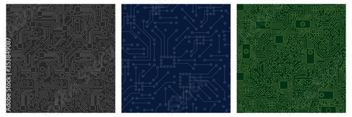 Chip computer board pattern set. Motherboard modern with seamless pattern green blue monochrome abstract vector lines processor chip video card digital graphic engineering of computer equipment. photo