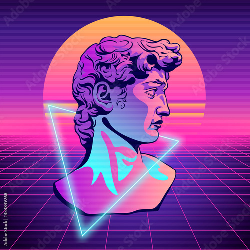 Expressionism bust David retro futuristic style. Antique sculpture old masterpiece David by Michelangelo creative decorated in modern style bright graphic surreal vector art renaissance classic . photo