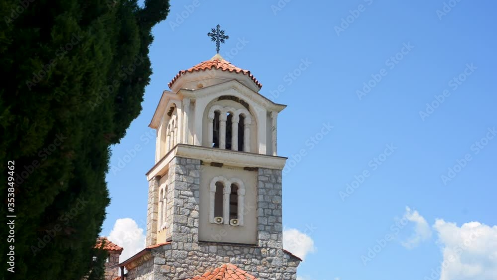 North macedonia. Ohrid. Tower of old building of Monastery of St. Naum on blue sky background North macedonia. Ohrid. Tower of old building of Monastery of St. Naum on blue sky background