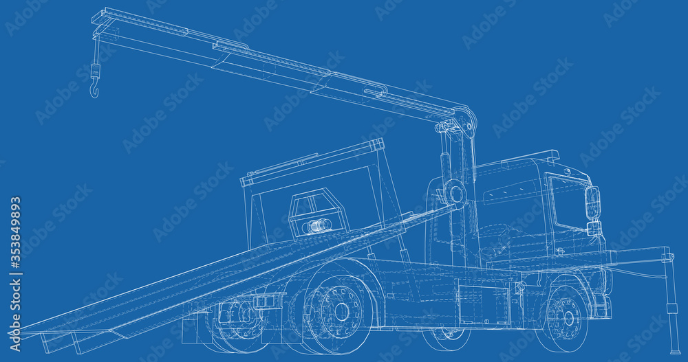 Tow truck for transportation faults and emergency cars vector illustration. Wire-frame line isolated. Vector rendering of 3d.