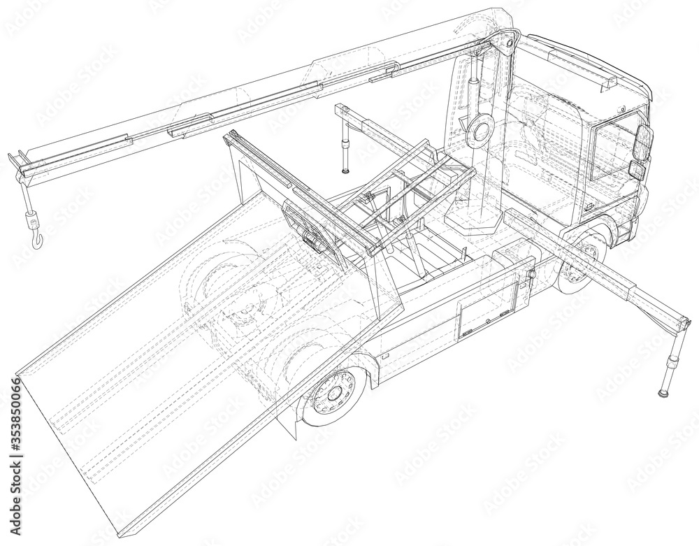 Vector Wire-frame isolated tow truck on background. Vector rendering of 3d.