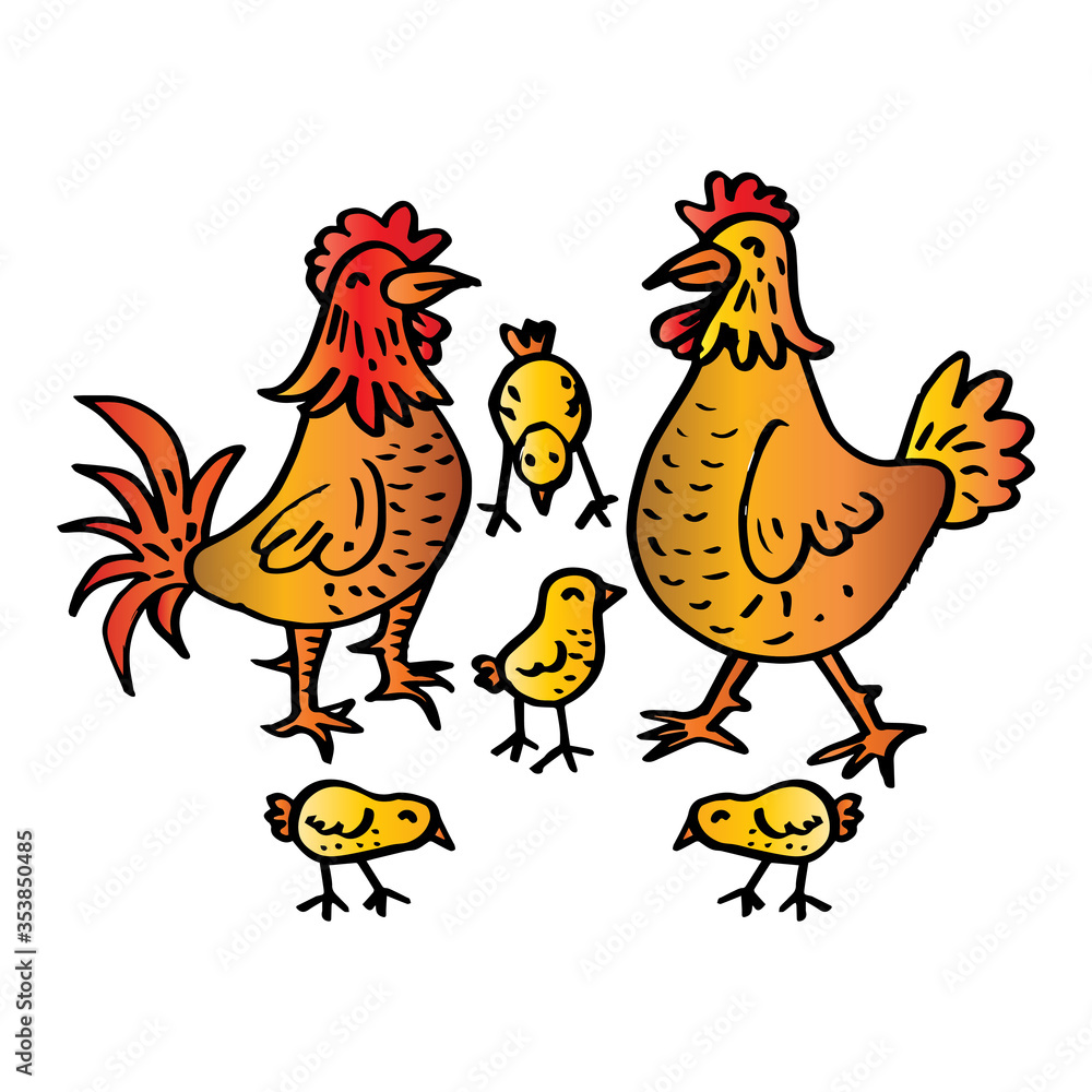 Cute cartoon chicken family isolated on white background