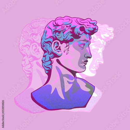 Modern underground bust David. Antique masterpiece sculpture David by Michelangelo decorated in modern underground color style bright graphic surreal arnuvo vector art classic renaissance.