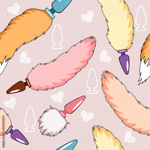 A vector hand-drawn seamless pattern with fox and rabbit tail anal plugs.  Perfect to use as wrapping and packaging for sex-shops.