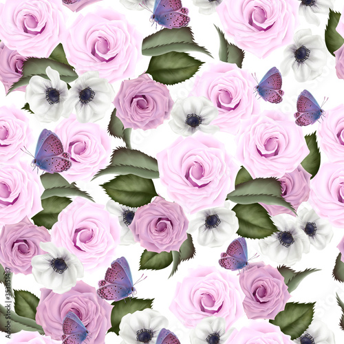 Beautiful colorful pattern with roses and anemone flowers  leaves.  