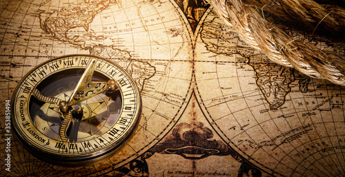 Magnetic old compass on world vintage map 18 century.Travel, geography, navigation, tourism and exploration concept wide background.