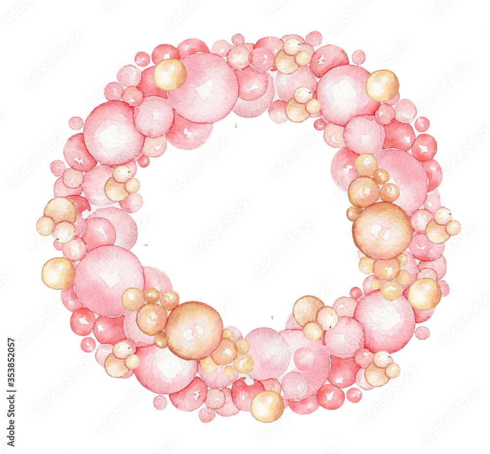 Watercolor illustration. Round garland frame of pink balloons for the holiday, children, print cards, invitations Watercolor illustration. Round garland frame of pink balloons for the holiday, children, print cards, invitations