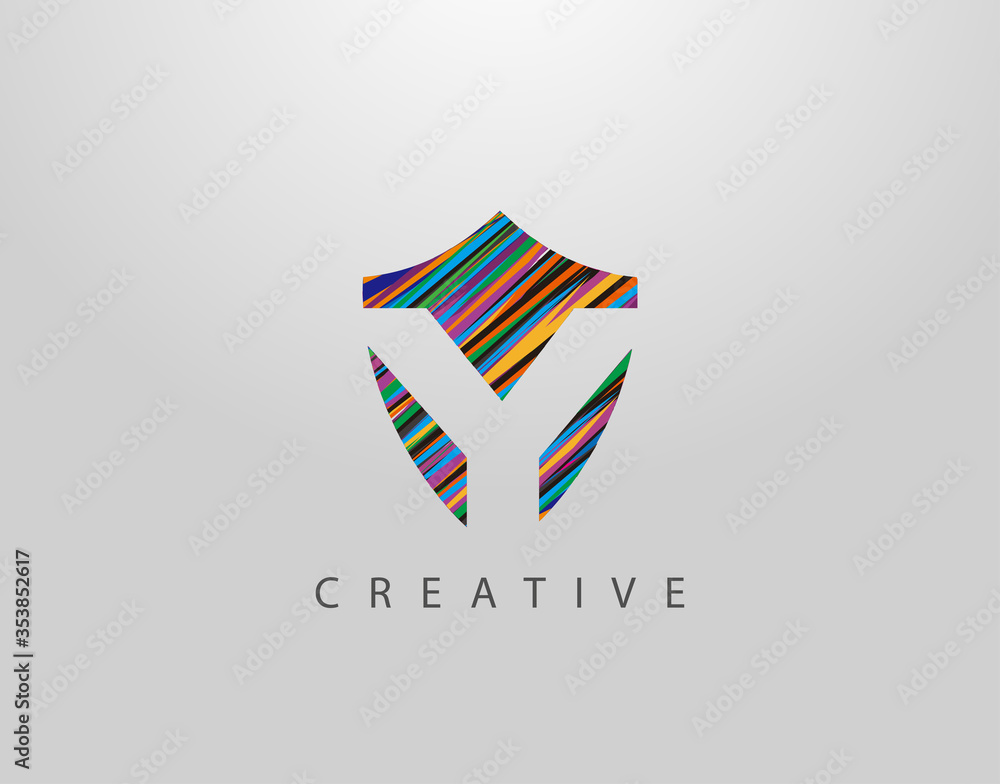 Shield Y Letter Logo. Modern Abstract Geometric Design, made of various colorful strips shapes Shield Y Letter Logo. Modern Abstract Geometric Design, made of various colorful strips shapes