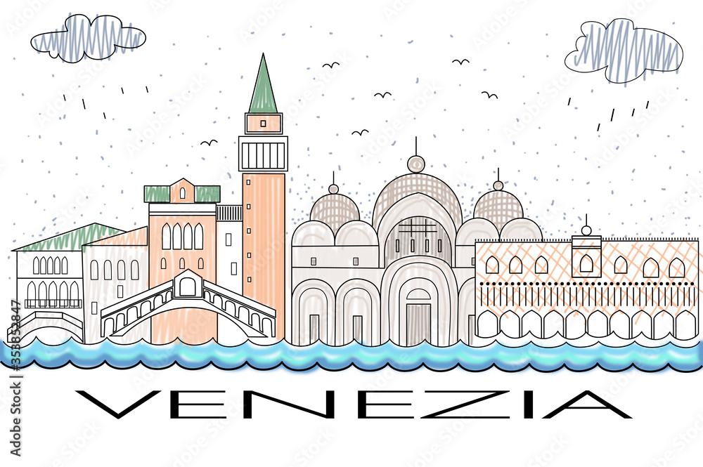 Stylized drawing of Venice in the style of line art. Vector illustration.