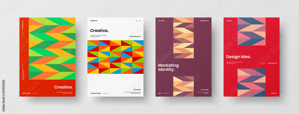 Fototapeta premium Company identity brochure template collection. Business presentation vector A4 vertical orientation front page mock up set. Corporate report cover abstract geometric illustration design layout bundle.