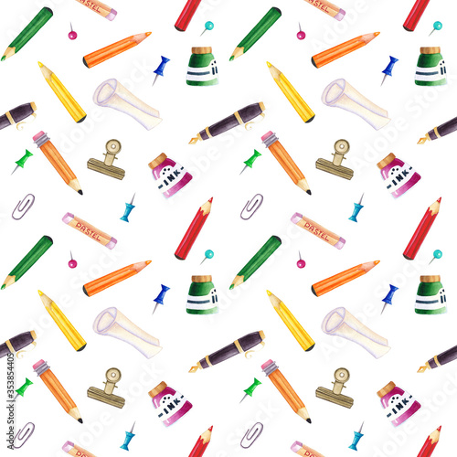 Seamless pattern with hand-drawn watercolor pencils, pastels, paper clips, pen, and inks. Bright colored background with the tools of the artist. Back to school. Stationery. 