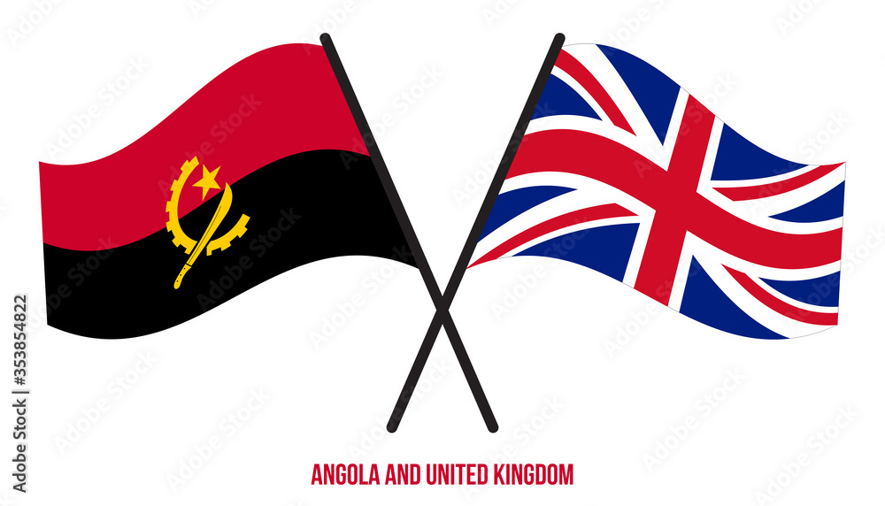 Angola and United Kingdom Flags Crossed And Waving Flat Style. Official Proportion. Correct Colors
