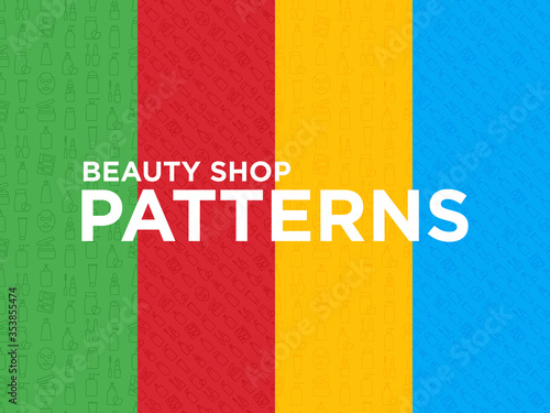 Beauty shop seamless pattern with thin line icons: skin care, cream, gel, organic cosmetics, make up, soap dispenser, nail care, beauty box, face oil, scrub, shampoo, sheet mask. Vector illustration