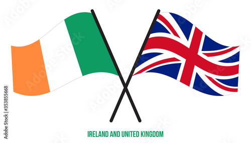 Ireland and United Kingdom Flags Crossed And Waving Flat Style. Official Proportion. Correct Colors