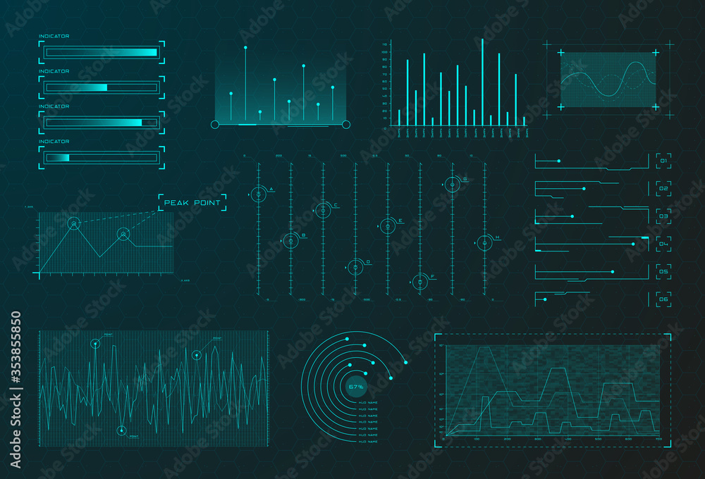 Set of HUD infographic elements. Sci-fi charts and diagrams for futuristic user interface HUD, UI, GUI. Big data analytics theme. Virtual graphics. Editable stroke. Vector