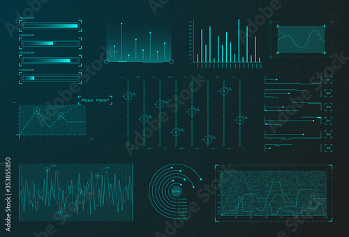 Obraz na płótnie Set of HUD infographic elements. Sci-fi charts and diagrams for futuristic user interface HUD, UI, GUI. Big data analytics theme. Virtual graphics. Editable stroke. Vector w salonie