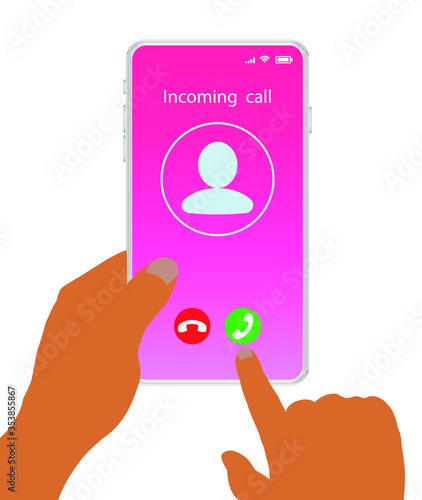 Call screen smartphone interface. Switch speaker smartphone interface vector template.Hands hold phone. Incoming call. Flat UI for application. Stock vector illustration on white isolated background.