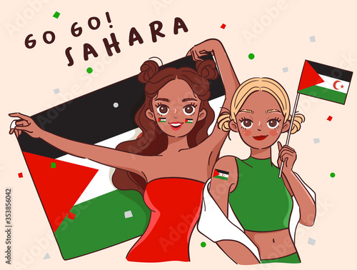 Two pretty girls holding national flag : Vector Illustration photo