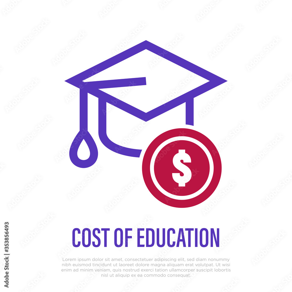 College fund: graduation cap and dollar coin. Savings for education, student loan, cost of course. Thin line icon. Vector illustration. College fund: graduation cap and dollar coin. Savings for education, student loan, cost of course. Thin line icon. Vector illustration.