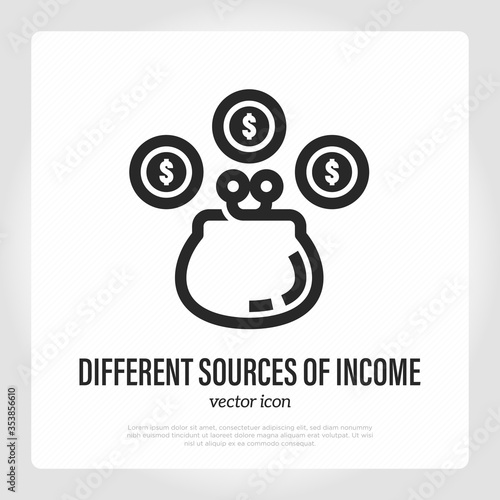 Different sources of income: purse with dollar coins. Thin line icon. Vector illustration.
