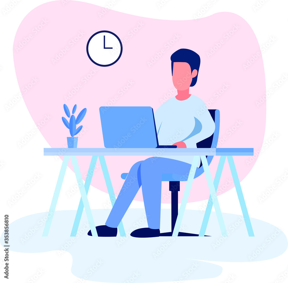man is working at his laptop. Modern office interior with work process Flat vector Vector illustration. man is working at his laptop. Modern office interior with work process Flat vector Vector illustration.