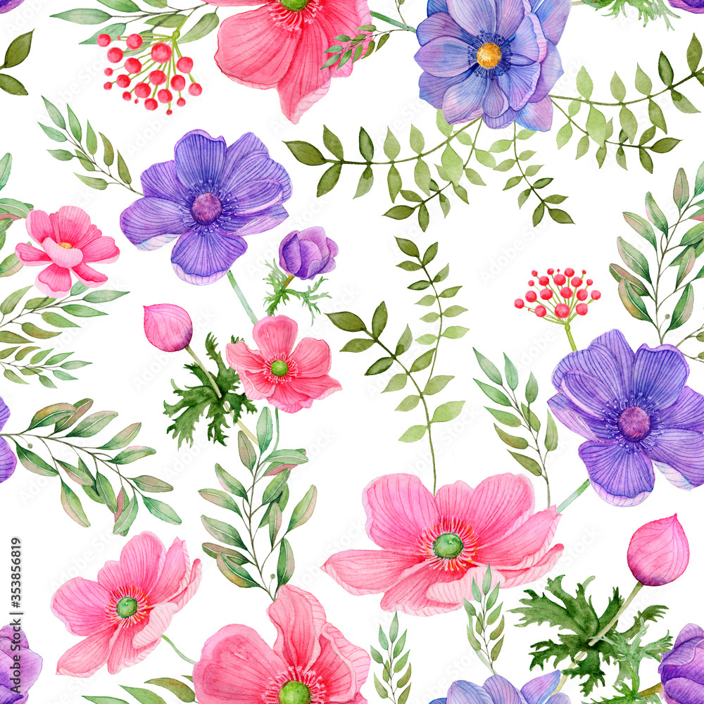 Seamless pattern of pink and purple meadow flowers on a white background Seamless pattern of pink and purple meadow flowers on a white background