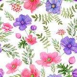 Seamless pattern of pink and purple meadow flowers on a white background