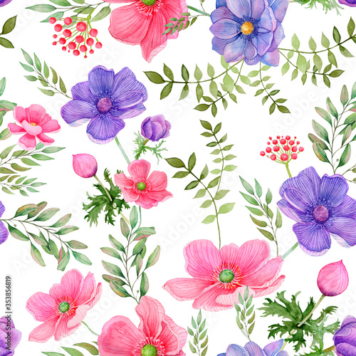 Seamless pattern of pink and purple meadow flowers on a white background