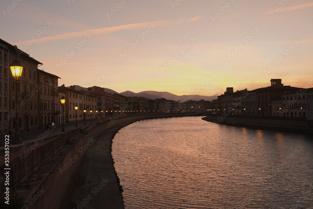 Beautiful sunset sky overlooking the river in the city of Florence