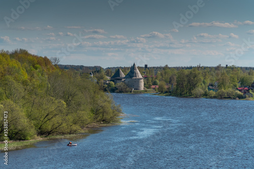 Picturesque view of the ancient Russian river Volkhov and Old Ladoga from the height of Oleg's mound. photo